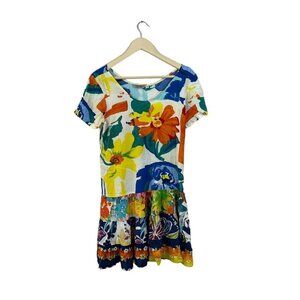 Jams World Small Hattie Dress Mini Short Sleeve Art To Wear Hawaii Tiered Womens